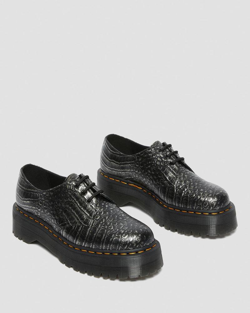 Dr Martens 1461 Croc Emboss Læder Platform Sko Dame Sort | DK 385KOR